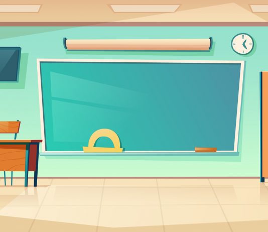 Ilustracja. Klasa lekcyjna w szkole. Empty classroom interior, school or college class with teacher table, laptop, green blackboard with protractor, clock hanging on wall and books cupboard, room for studying. Cartoon vector illustration