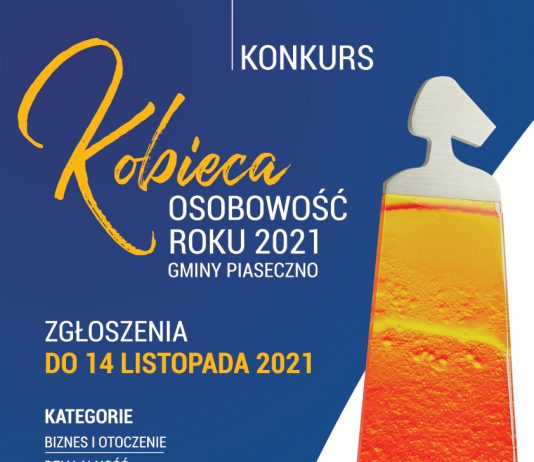Kobieca Osobowość Roku. Plakat przedstawia statuetkę kobiety w pomarańczowej sukience.