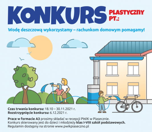 Plakat informujacy o konkursie. na niebieskim tle rysunki pokazujące wykorzystanie wody deszczowej przez rodzinę w ogrodzie
