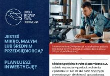 Spotkanie w Centrum Przedsiębiorczości - oferta Łódzkiej Specjalnej Strefy Ekonomicznej. Plakat reklamujący ŁSSE.