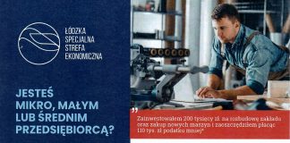 Spotkanie w Centrum Przedsiębiorczości - oferta Łódzkiej Specjalnej Strefy Ekonomicznej. Plakat reklamujący ŁSSE.