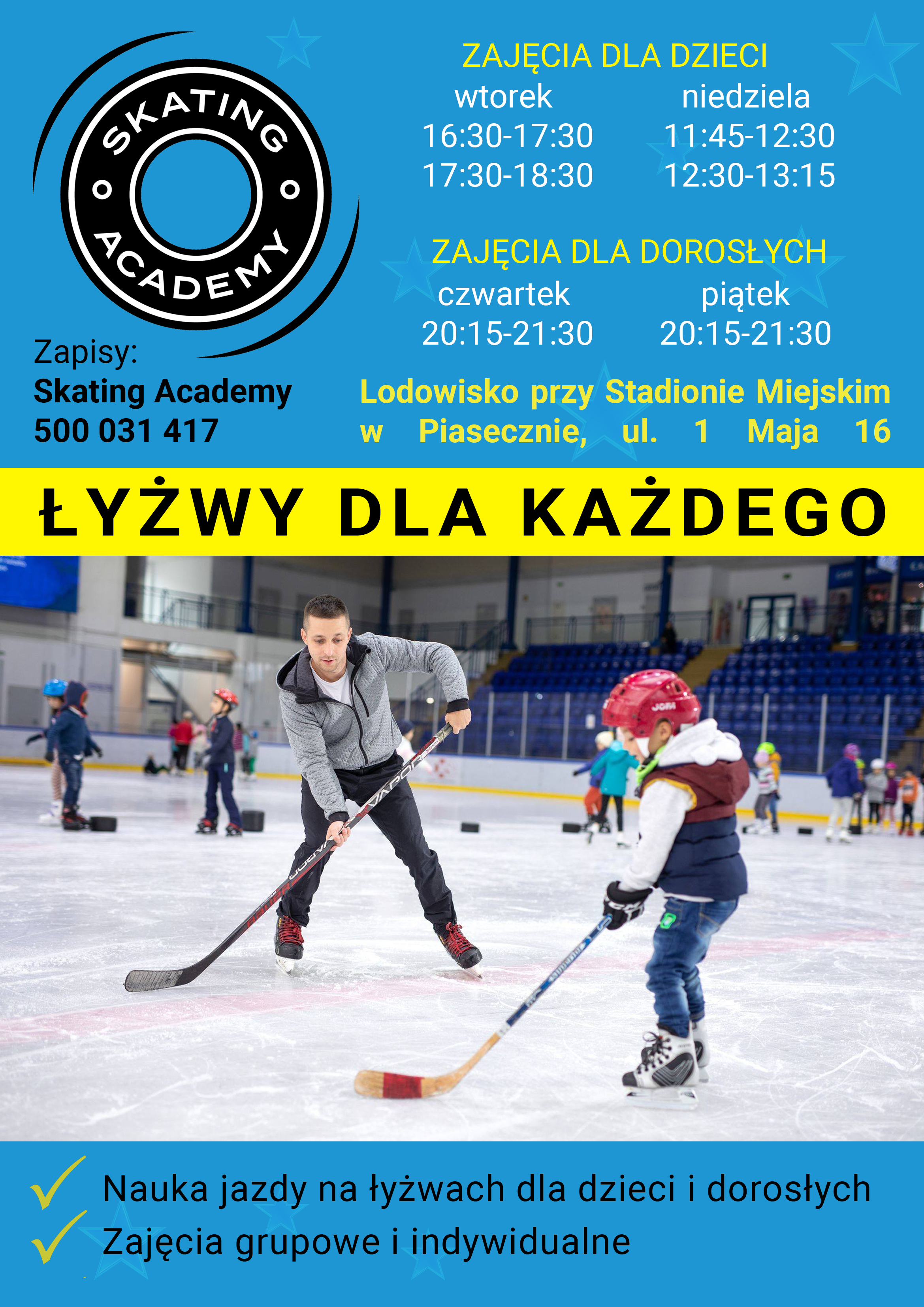 Rusza kolejny sezon piaseczyńskiego lodowiska. Na plakacie zdjęcie trenera i dziecka grającego w hokeja oraz informacje o zajęciach i dane kontaktowe.
