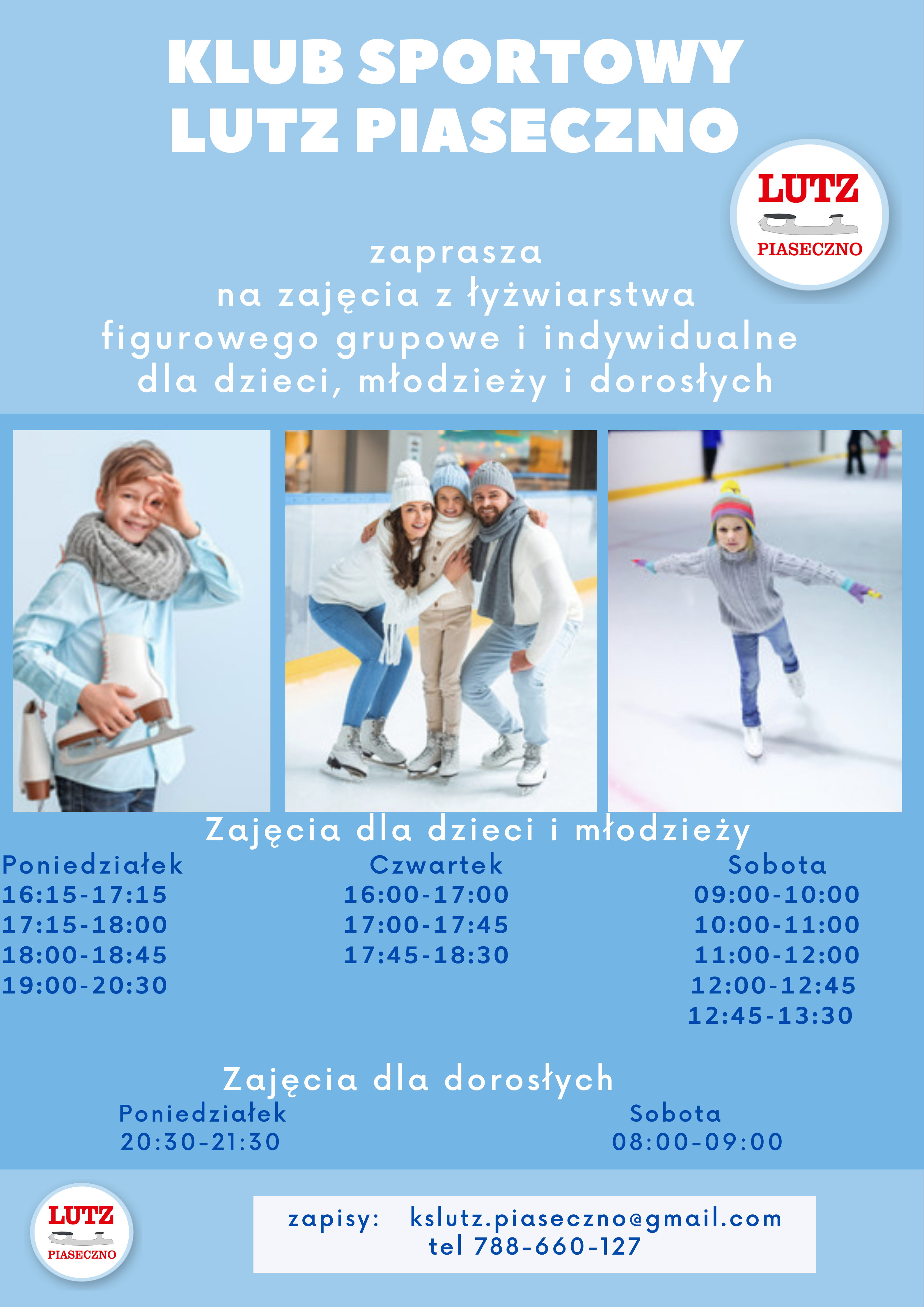 Rusza kolejny sezon piaseczyńskiego lodowiska. Na plakacie zdjęcia łyżwiarzy i informacja o harmonogramie zajęć oraz danych kontaktowych.