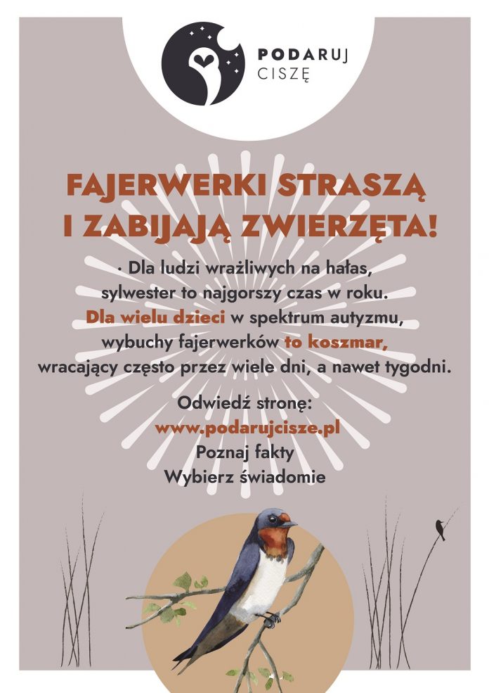 plakat mówiący o szkodliwości fajerwerków. Na pierwszym planie dziki ptak