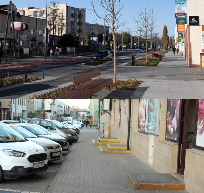 Patrzymy w przyszłość – zmieniamy centrum miasta. Na zdjęciu ulica Puławska po modernizacji, z ławkami, pasem zieleni, nowym chodnikiem oraz ścieżką rowerową oraz ul. Kościuszki - chodnik ze schodkami do sklepów i parkującymi samochodami.