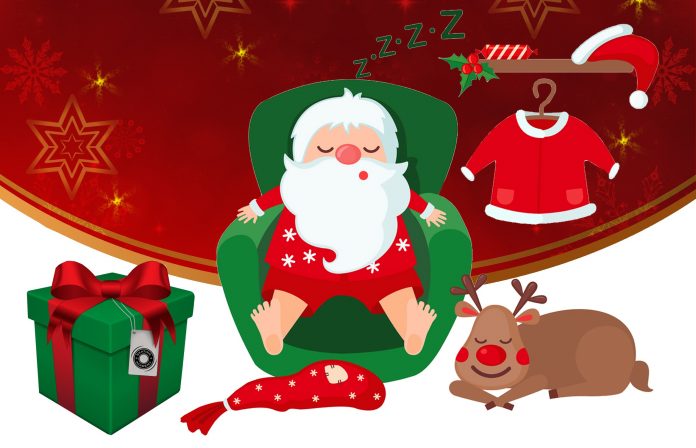 Bajka na lodzie "O śpiącym Mikołaju". Plakat reklamujący spektakl. Dominujący kolor czerwony, rysunek Mikołaja na zielonym fotelu, renifera, prezentu i mikołajowego stroju i czapki wiszących obok.