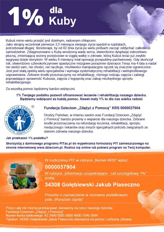 Apel o wsparcie dla Jakuba plakat z wizerunkiem chłopca