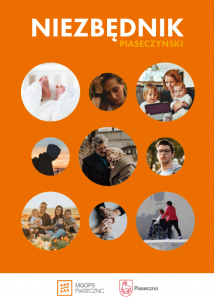 Piaseczyński „Niezbędnik” – informator dla mieszkańców. Na zdjęciu okładka broszury w kolorze pomarańczowym, a na niej 9 zdjęć przedstawiających ludzi na różnych etapach życia.