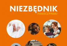 Piaseczyński „Niezbędnik” – informator dla mieszkańców. Na zdjęciu okładka broszury w kolorze pomarańczowym, a na niej 9 zdjęć przedstawiających ludzi na różnych etapach życia.
