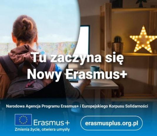 baner przedstawiajacy osobę z mapa w podróży i podpis Erasmus