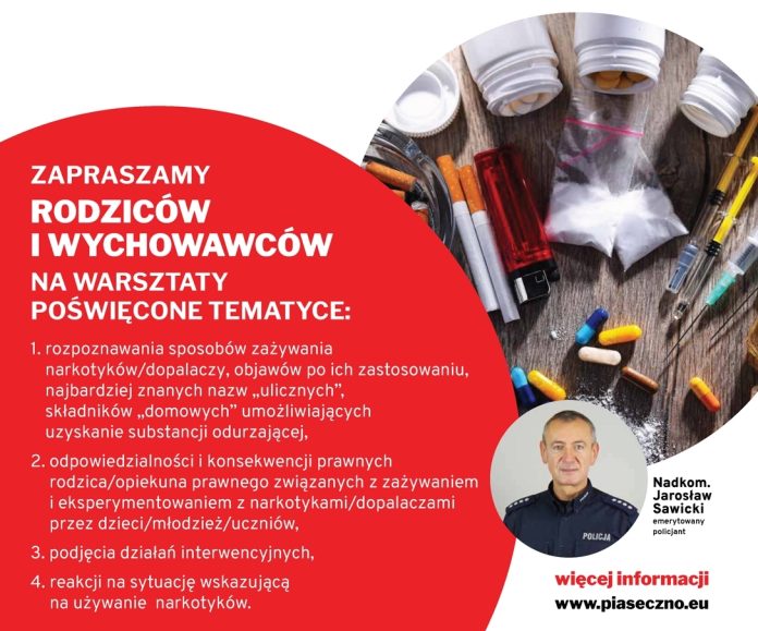 Zagrożenia demoralizacją wśród dzieci i młodzieży – spotkania dla rodziców biało czerwony plakat z wizerunkiem emerytowanego policjanta Jarosława Sawickiego zachęcajacy do udziału w spotkaniach