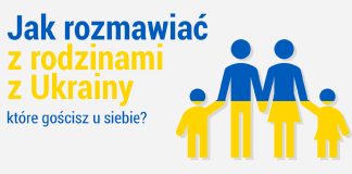 Jak wspierać emocjonalnie uchodźców w naszych domach? Grafika z postaciami rodizny w barwach niebiesko-żółtych.