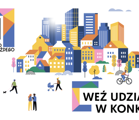 Urban_In. Miasto dla każdego. Grafika konkursowa, w tle domy.