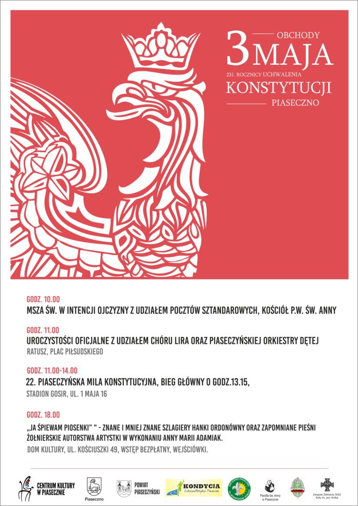 Plakat uroczystości 3 Maja w Piasecznie - obchody 231. Rocznicy Uchwalenia Konstytucji