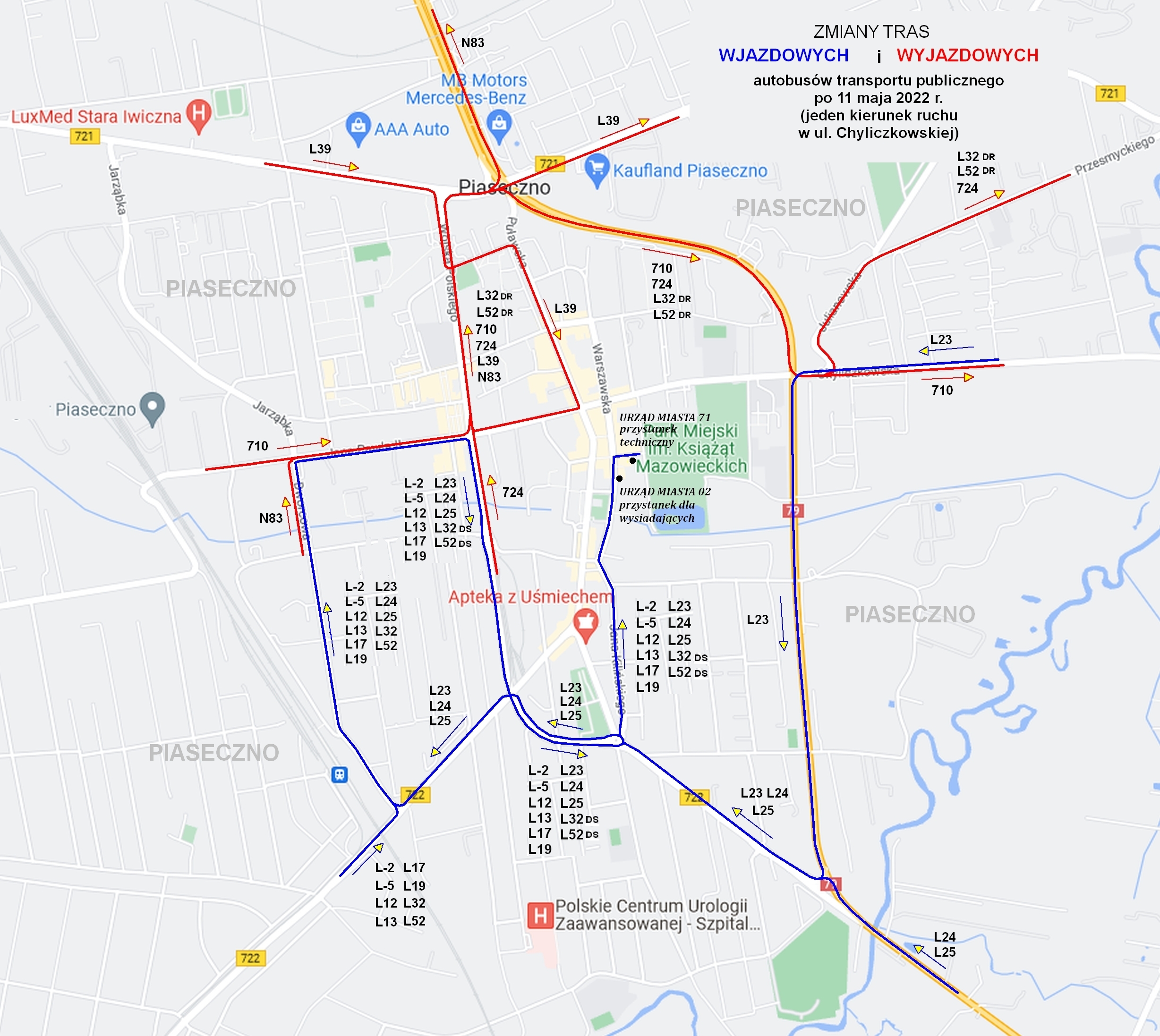 Schemat zmian transportu zbiorowego po wprowadzeniu czasowej organizacji ruchu w Chyliczkowskiej, który obowiązuje od 11 maja. Trasy pozostałych linii nie ulegają zmianom.