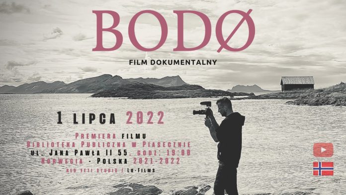 czarno-biały plakat obrazujący filmowca na tle norweskiego krajobrazu