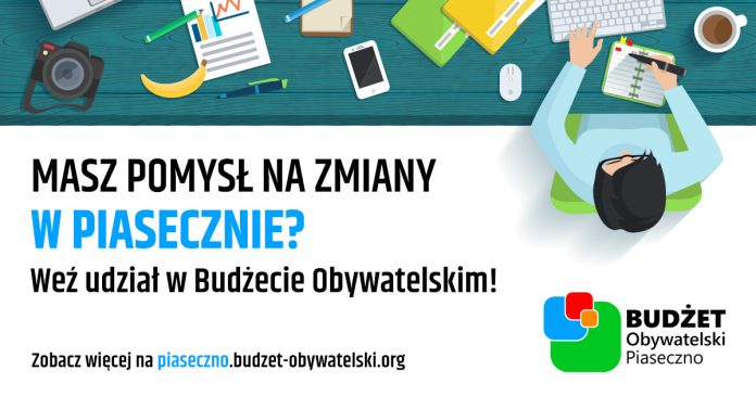 Budżet Obywatelski 2023. Grafika z napisami informującymi o zbieraniu wnuiosków, człowiek piszący w notatniku.