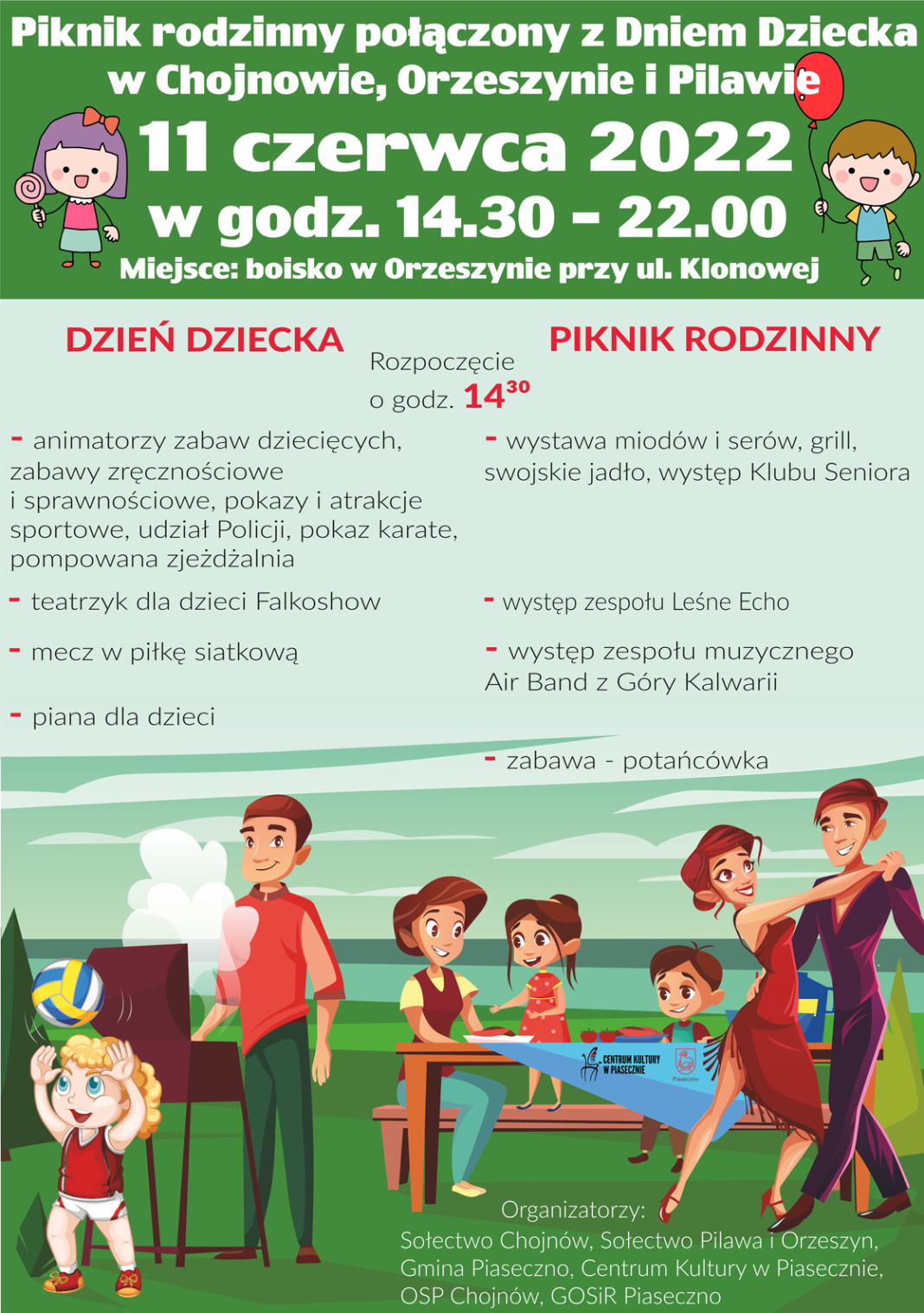 Plakat wydarzenia Piknik rodzinny połączony z Dniem Dziecka w Chojnowie, Orzeszynie i Pilawie