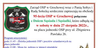Plakat wydarzenia 95-lecie OSP w Grochowej połączone z Dniem Sąsiada i Sąsiadki