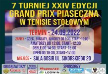 Plakat wydarzenia 7. Turniej XXIV edycji Grand Prix Piaseczna w tenisie stołowym