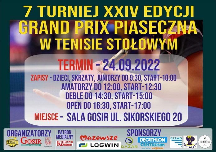 Plakat wydarzenia 7. Turniej XXIV edycji Grand Prix Piaseczna w tenisie stołowym