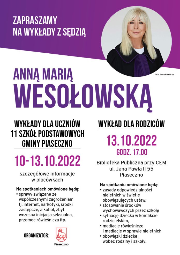 Plakat z wizerunkiem sędzi Anny Mari Wesołowskiej i informacją o terminach spotkań