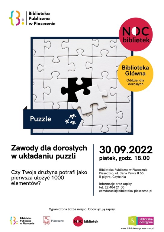 Zawody dla dorosłych w układaniu puzzli Noc Bibliotek w CEM Piaseczno 2022