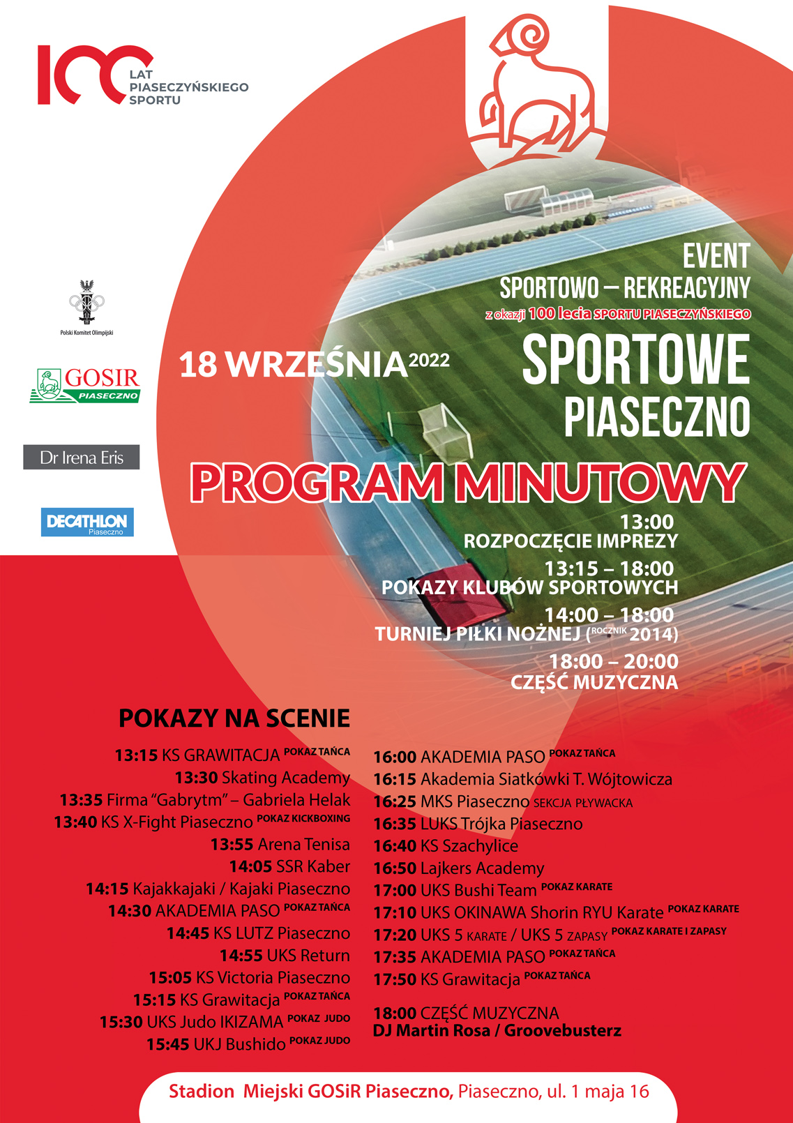Plakat z programem wydarzeń Sportowe Piaseczno - 100 lat piaseczyńskiego sportu