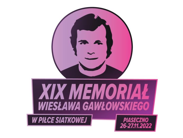 Logo XIX Memoriał Wiesława Gawłowskiego. Na grafice napisy oraz portret mężczyzny, koloystyka fioletowa.