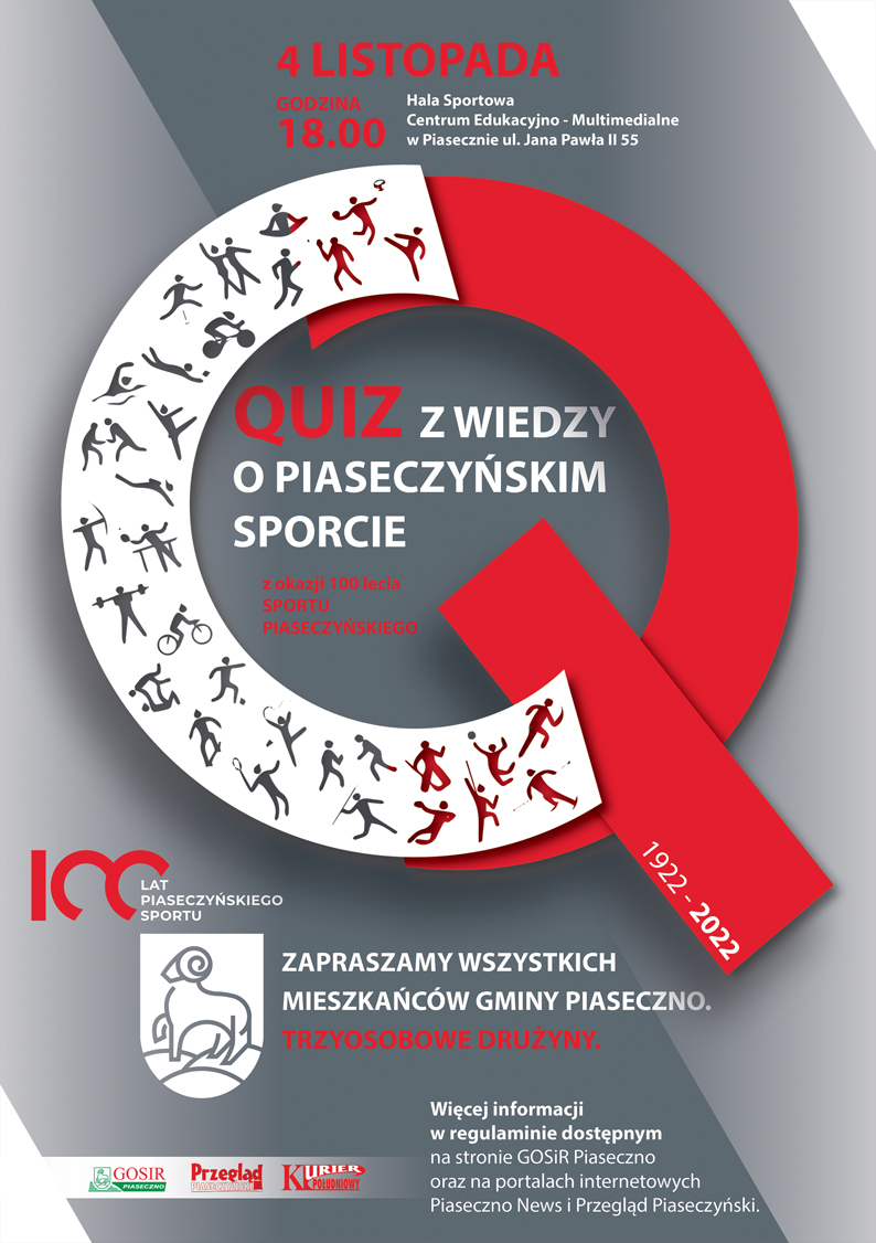 Plakat Quizu z wiedzy o piaseczyńskim sporcie z okazji 100-lecia piaseczyńskiego sportu