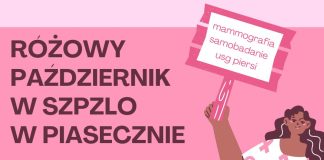 Profilaktyka raka piersi. Plakat w różowym kolorze, na grafice kobieta z transparentem.