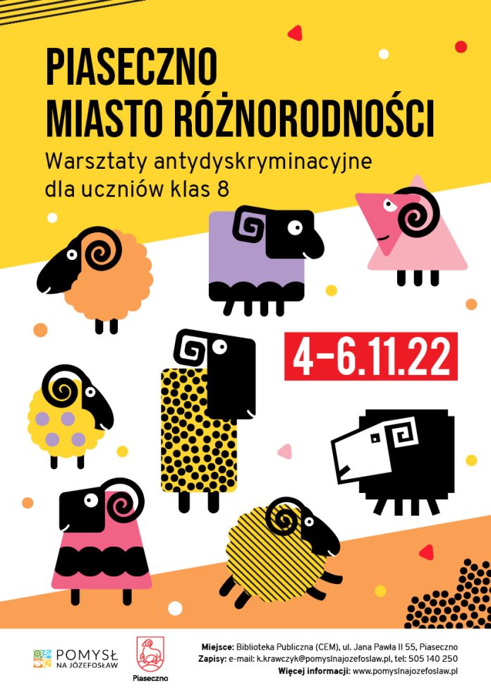 Warsztaty antydyskryminacyjne – Piaseczno Miasto różnorodności Warsztaty antydyskryminacyjne. Plakat z kolorowymi barankami.