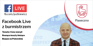 Grafika Facebook Live z Burmistrzem Piaseczna. Tematy: Ceny energii, rosnące koszty bieżące oraz buspas na Puławskiej. 3 listopada 2022 roku o godz. 18.00