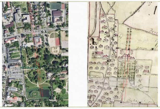 Oś saska na współczesnej mapie Piaseczna i oś saska na planie miasta Piaseczna z 1780 roku