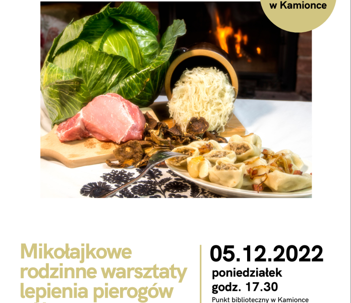 Na plakacie zdjęcie pierogów i produktów takich jak: mięso, kapusta, grzyby.