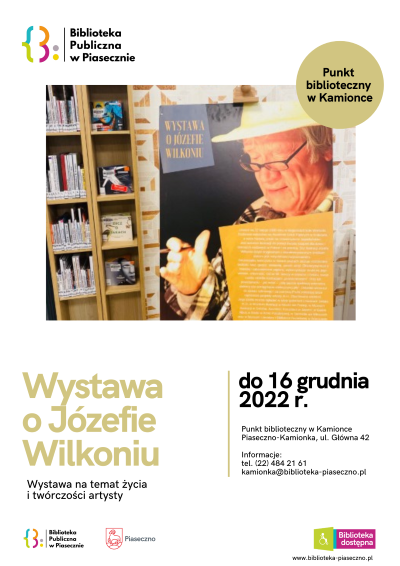Na plakacie fotografia Józefa Wilkonia. W tle zdjęcia widać ksiązki.