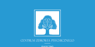 centrum zdrowia psychicznego. Grafika, niebieskie tło, centarlnie biały kwadrat a wnimniebieskie drzewo z wpisany w koronę rysunek mózgu podtrzymywanego przez dwie dłonie.