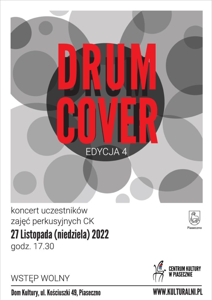 Na plakacie czerwony napis Drum Cover edycja 4 na szarym tle
