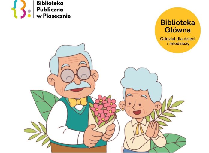 Na plakacie obrazek babci i dziadka. Dziadek w ręku trzyma kwiatki dla babci.