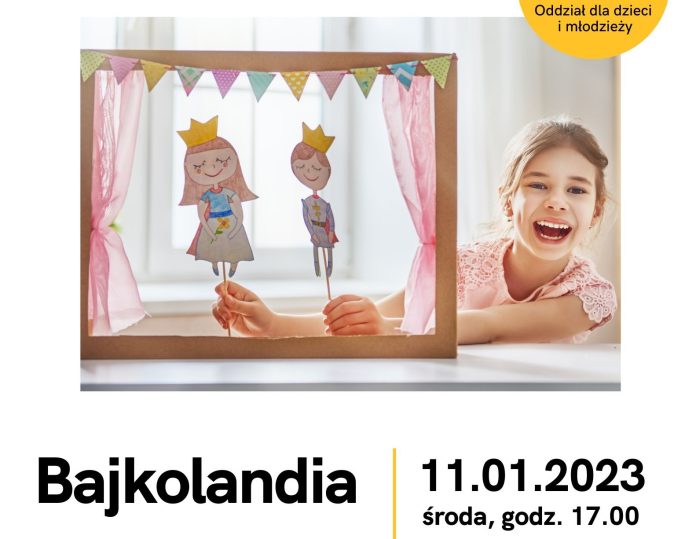 Na plakacie dziewczynka bawiąca się w teatrzyk lalek