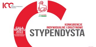 Stypendysta. Grafika z logo gminy oraz 100-lecia sportu w Piasecznie.