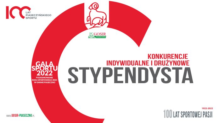 Stypendysta. Grafika z logo gminy oraz 100-lecia sportu w Piasecznie.