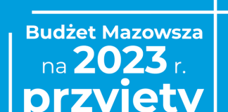 niebieski baner z białym napisem "Budżet Mazowsza na 2023 r. przyjęty"