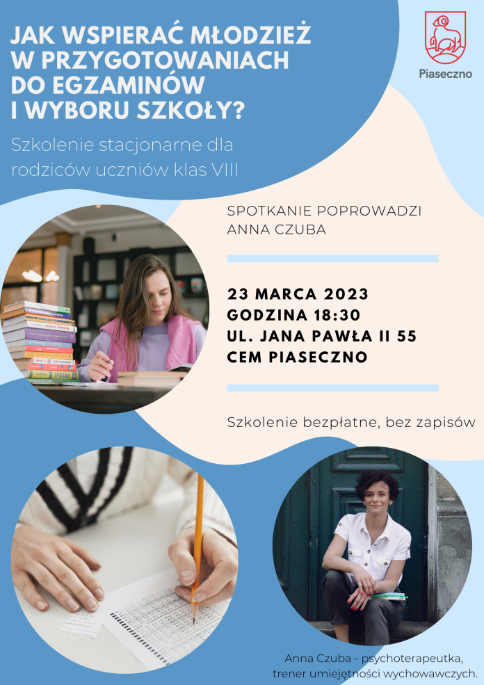 Na plakacie zdjęcie ucznia w bibliotece, zdjęcie ucznia rozwiązującego egzamin i zdjęcie Anny Czuby prowadzącej szkolenie