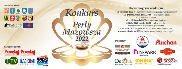 Perły Mazowsza 2022. Baner z rysunkiem musli z perłą i informacjami o konkursie.