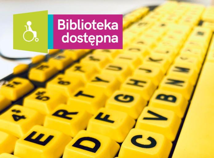 Szablon - Kultura bez barier . Na zdjęciu żółta klawiatura komputerowa i logo biblioteki dostępnej.