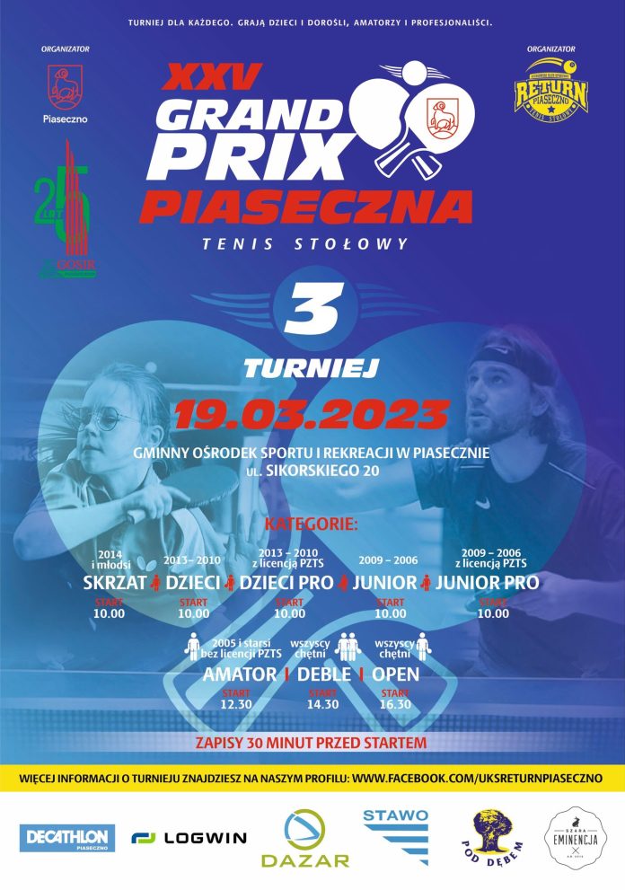 Grand Prix Piaseczna w tenisie stołowym - 19.03.2023 r., hala GOSiR