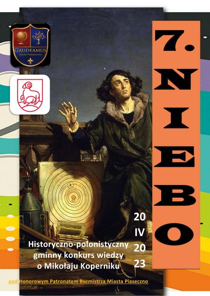Plakat konkursu o Mikołaju Koperniku z datą wydarzenia i wizerunkiem astrologa..