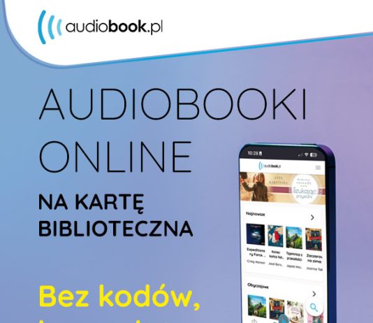 audiobook z biblioteki. Grafika z telefonem, na którem jest interfejs serwisu audiobook.pl, obok słuchawki.