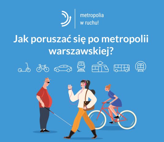 SUMP - konsultacje. Plakat zachęcający do udziału w konsultacjach. Na grafice piesza, rowerzystka oraz mężczyzna z białą laską.